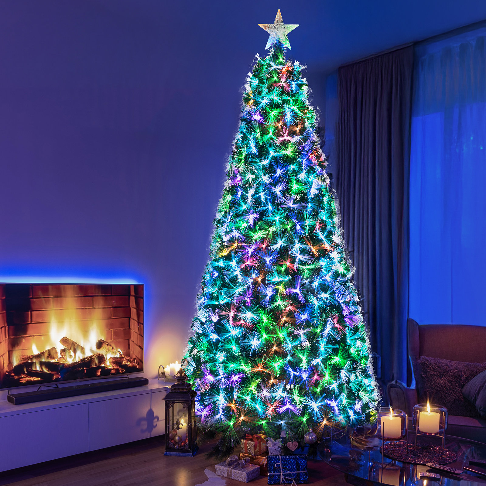 The Holiday Aisle Fiber Optic Christmas Tree Pre lit Artificial Spruce Xmas Tree With Multicolor Lights Top Star Foldable Metal Base And